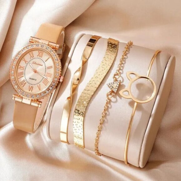Women's Quartz Watch Luxury Leather Band Analog Wrist Watch & bracelet set - Picture 1 of 7